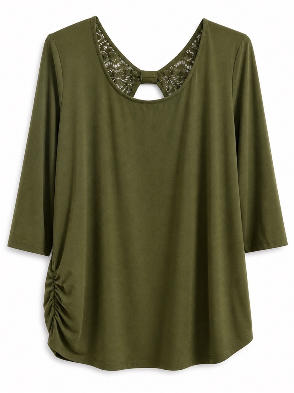 Olive Green Lace Crochet Yoke 3/4 Sleeve Ruched Top Size Large Boho Cottagecore